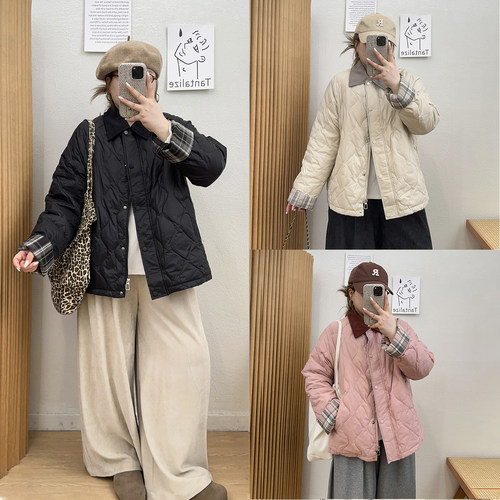 撞色衣领菱格休闲羽绒服外套