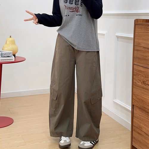 宛宛大码胖MM工装裤女春季新款高腰小个子宽松显瘦阔腿休闲弯刀裤 - 封面