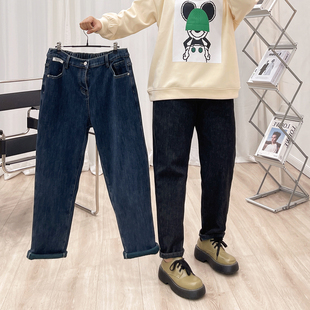胖mm高腰宽松加厚显瘦老爹裤 大码 女加绒秋冬2022年新款 哈伦牛仔裤