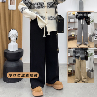 胖mm宽松显瘦梨形身材阔腿裤 宛宛家加绒条纹休闲裤 大码 新款 女冬季