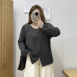 女长袖 打底衫 圆领显瘦T恤秋季 胖mm百搭开叉修身 上衣 新款 宛宛大码