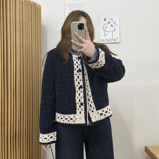 宛宛大码 秋冬高级感气质呢子上衣 胖mm蕾丝边小香风毛呢外套女新款