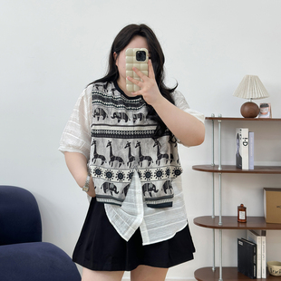 胖mm显瘦遮肉洋气百搭短袖 宛宛大码 夏季 遮肚子假两件小衫 上衣 女装