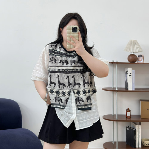 宛宛大码女装遮肚子假两件小衫夏季胖mm显瘦遮肉洋气百搭短袖上衣