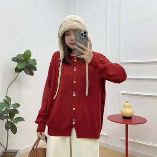 新款 宛宛大码 秋冬季 女装 宽松外套上衣 微胖mm穿搭减龄红色针织开衫