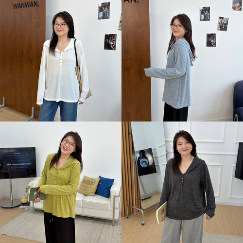 宛宛大码纽扣半开领套头连帽衫女秋胖mm简约百搭长袖T恤内搭卫衣