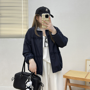 新款 秋季 外套女显瘦胖mm木耳花边宽松休闲夹克风衣潮 女装 宛宛大码