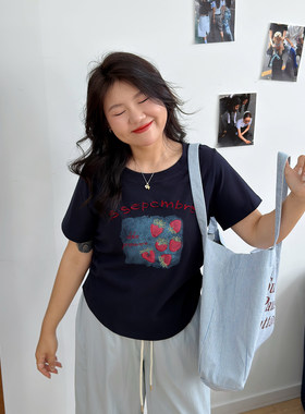 宛宛大码卡通刺绣正肩短袖t恤女夏季胖mm宽松显瘦收腰设计感上衣