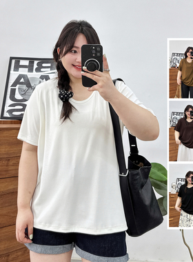 宛宛大码胖mmu领正肩红色短袖t恤女夏季新款遮肉显瘦设计感小上衣