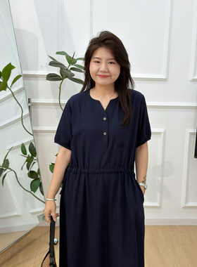 宛宛大码胖MM夏装减龄显瘦中长裙女棉麻短袖连衣裙气质棉麻衬衫裙