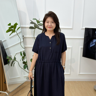 宛宛大码胖MM夏装减龄显瘦中长裙女棉麻短袖连衣裙气质棉麻衬衫裙