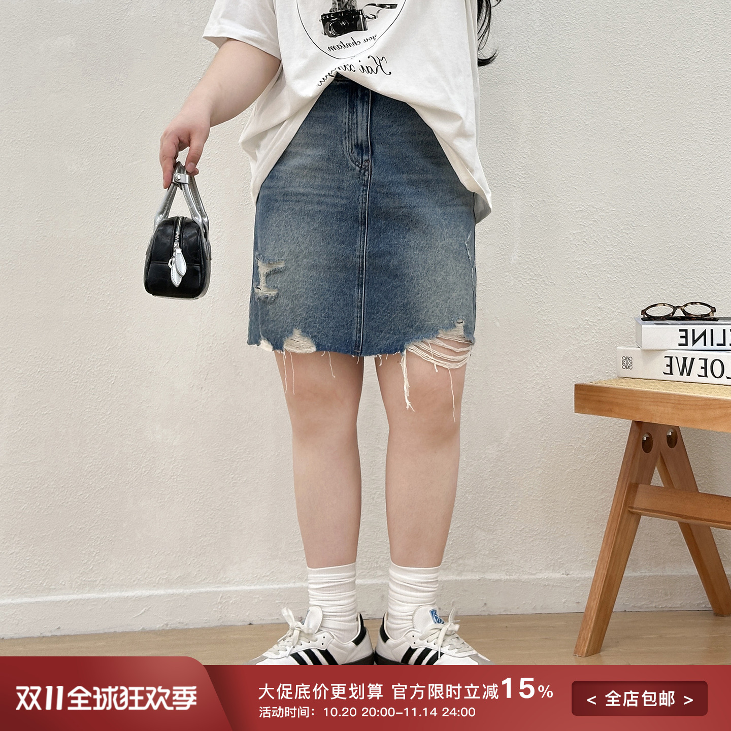 高腰百搭破洞牛仔显瘦半身裙