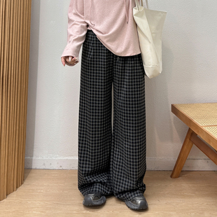 胖mm遮肉高腰垂感运动裤 宛宛大码 新款 女秋季 子 复古格子宽松阔腿裤