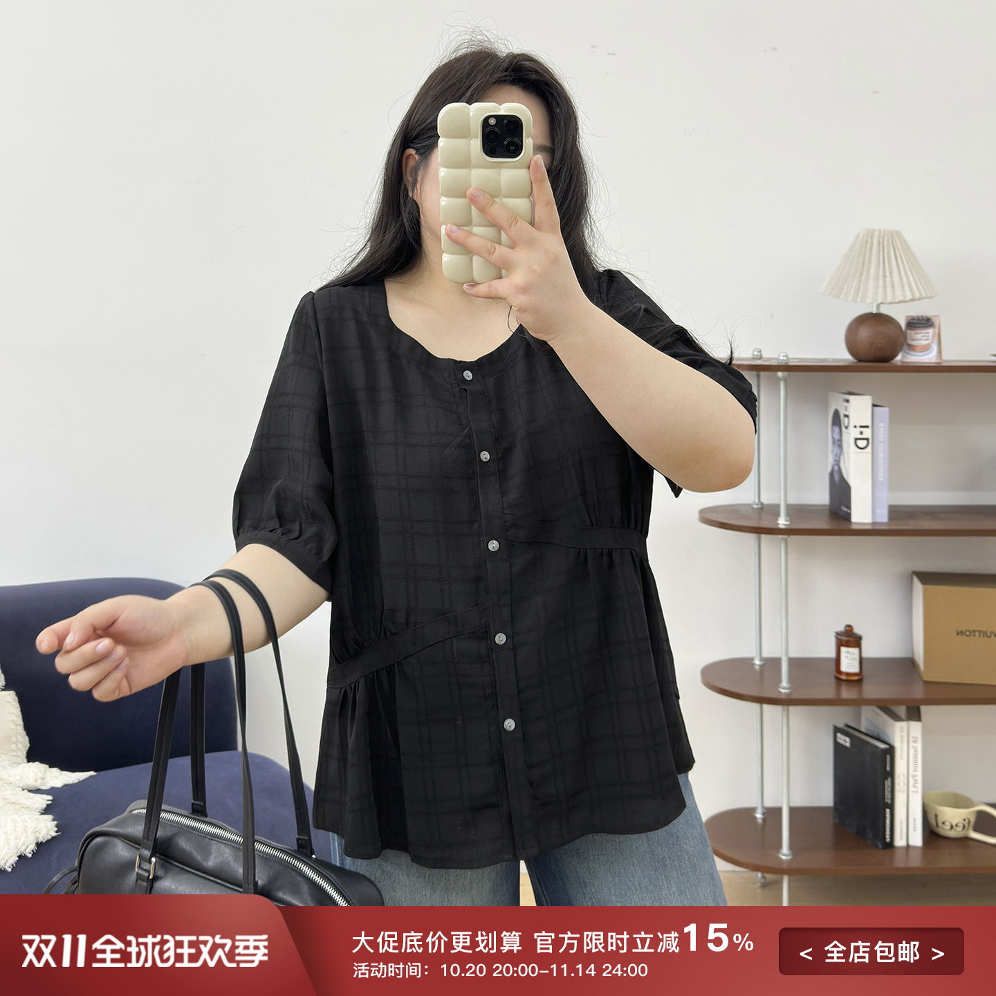 家方领收腰压褶设计感小衫