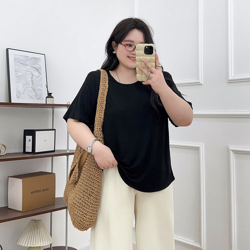 宛宛大码胖妹妹高弹面膜T恤女夏季新款显瘦修身冰丝透气短袖上衣