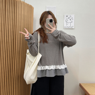 上衣 t恤女秋冬宽松显瘦内搭打底衫 宛宛大码 荷叶花边拼接德绒长袖