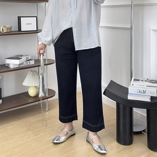 高腰松紧百搭直筒牛仔裤