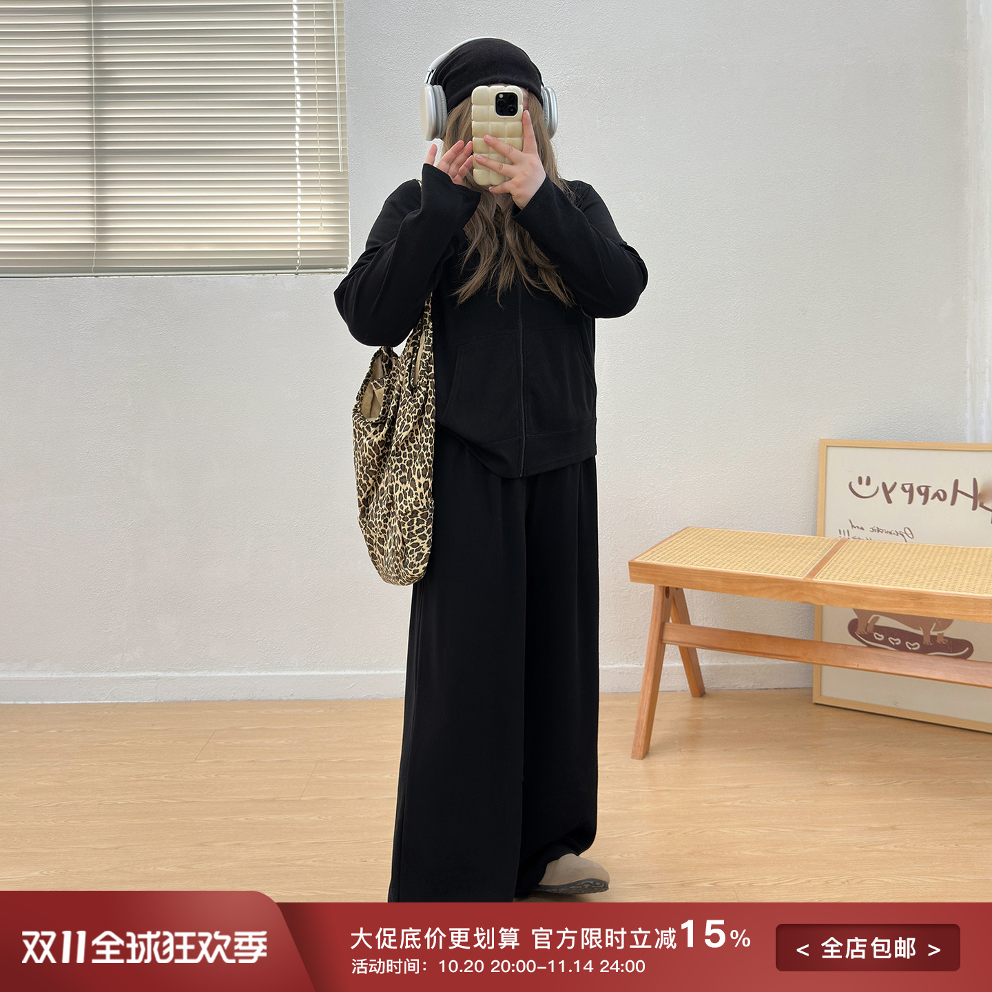宛宛大码女装松弛感连帽卫衣套装春秋季胖mm休闲上衣阔腿裤两件套