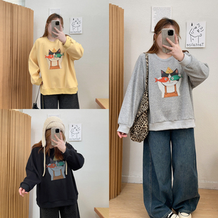 宽松上衣 胖MM穿搭猫咪卡通圆领卫衣秋冬加绒加厚新款 宛宛大码 女装