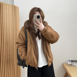 新款 2026冬季 毛毛拼接连帽保暖外套 麂皮绒棉衣女胖mm冬季 宛宛大码