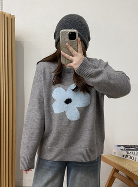 宛宛大码慵懒风软糯花朵休闲针织毛衣女秋冬胖mm显瘦宽松百搭上衣