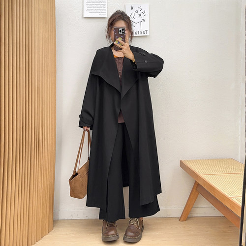 大翻领中长款风衣外套