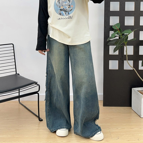 大码复古蓝破洞牛仔裤女春季新款胖mm高腰宽松显瘦梨形身材阔腿裤