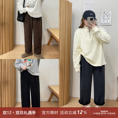 宛宛大码灯芯绒休闲裤子女宽松高腰哈伦长裤冬季胖MM条绒外穿长裤