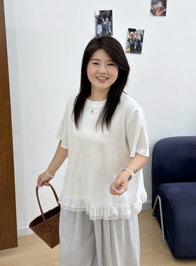 宛宛大码女装白色木耳边短袖T恤夏季胖mm遮肉显瘦黑色设计感上衣