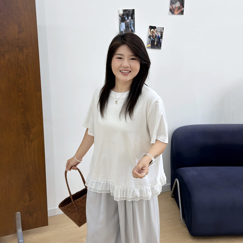 宛宛大码女装白色木耳边短袖T恤夏季胖mm遮肉显瘦黑色设计感上衣