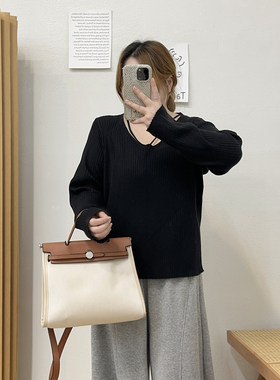 宛宛大码胖mm韩系慵懒风镂空V领针织衫女秋冬季新款显瘦毛衣上衣