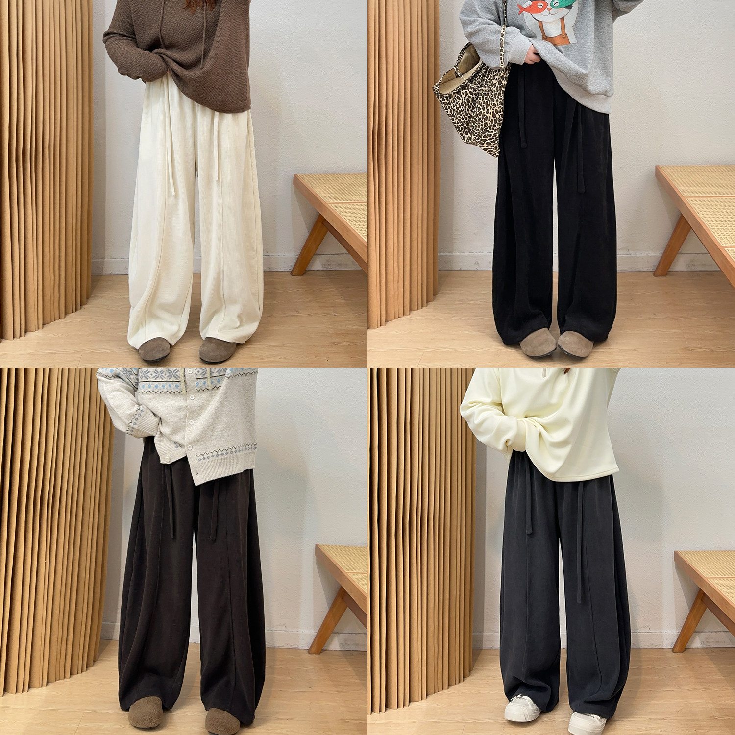 宛宛大码休闲风飘带高腰西装裤女秋冬新款加厚胖mm宽松拖地阔腿裤