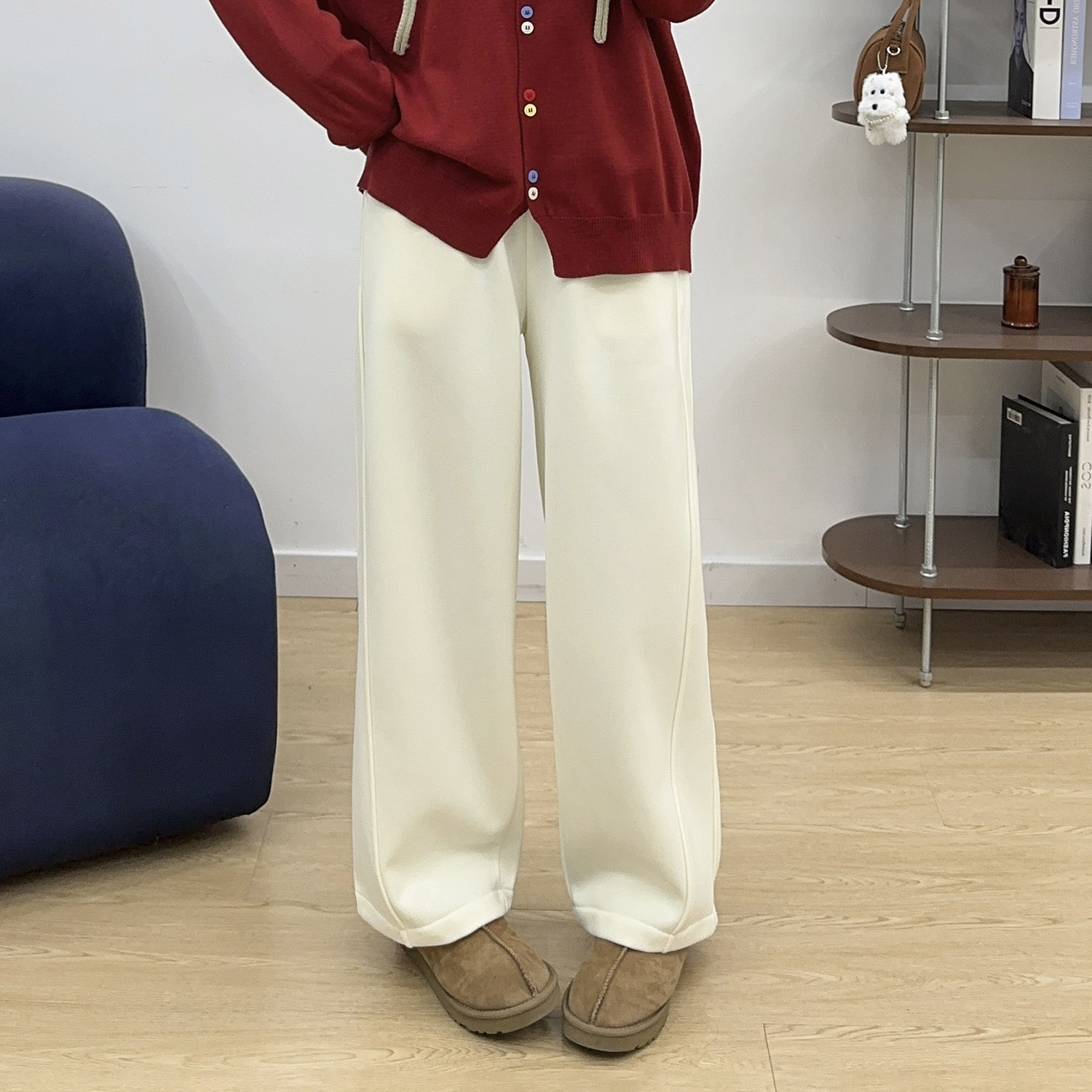 松紧高腰加绒休闲直筒裤