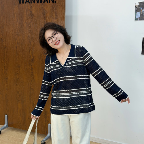 大码女装韩系条纹长袖针织衫毛衣秋季新款胖mm内搭打底衫显瘦上衣