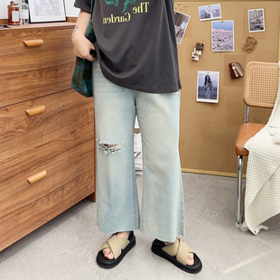 梨形身材高腰显瘦胖mm复古九分直筒裤 大码 破洞牛仔裤 2026夏季 女装