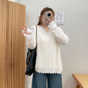 打底衫 宛宛大码 女胖妹妹宽松显瘦中长款 遮肚子钩花V领蕾丝衫 女装
