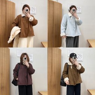 宛宛大码女装羊羔毛外套女秋冬季皮毛一体宽松胖mm短款麂皮绒夹克