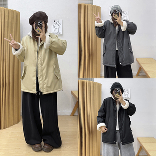 高级感羊羔毛外套 胖MM黑色加绒加厚派克服上衣女冬季 宛宛大码 女装