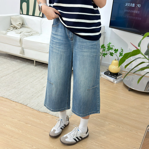 宛宛大码显瘦胖mm七分阔腿牛仔裤女夏季梨形身材宽松短裤直筒马裤