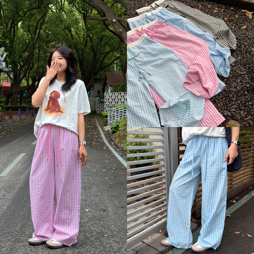 宛宛大码蓝色格子裤女夏季新款胖mm高腰宽松显瘦直筒休闲阔腿裤子