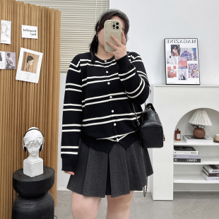 温柔风胖mm毛衣外套长袖 女2024春秋新款 打底上衣 条纹针织开衫 大码