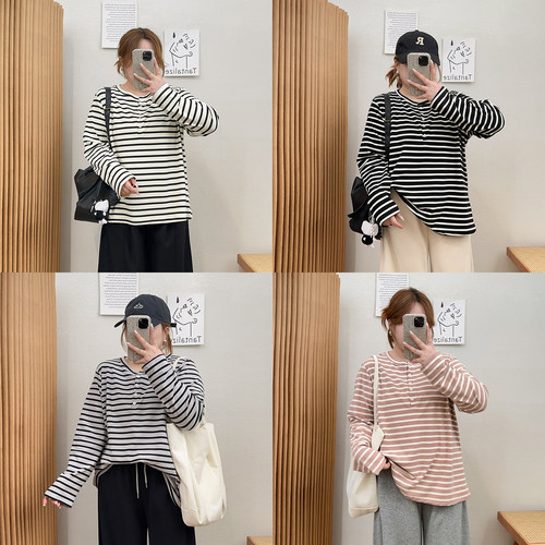 宛宛大码条纹打底衫2025年秋冬新款宽松内搭打底衫长袖t恤女上衣