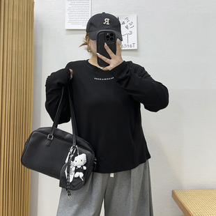 显瘦遮肚短款 大码 字母修身 t恤女早秋美式 上衣 胖mm不规则磨毛长袖