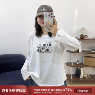 上衣ins 宽松慵懒风长袖 宛宛大码 胖mm时髦字母印花雪花棉T恤女秋季