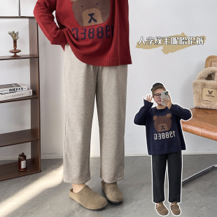 宛宛大码冬季女装新款休闲裤胖mm松紧腰加绒加厚人字纹毛呢哈伦裤