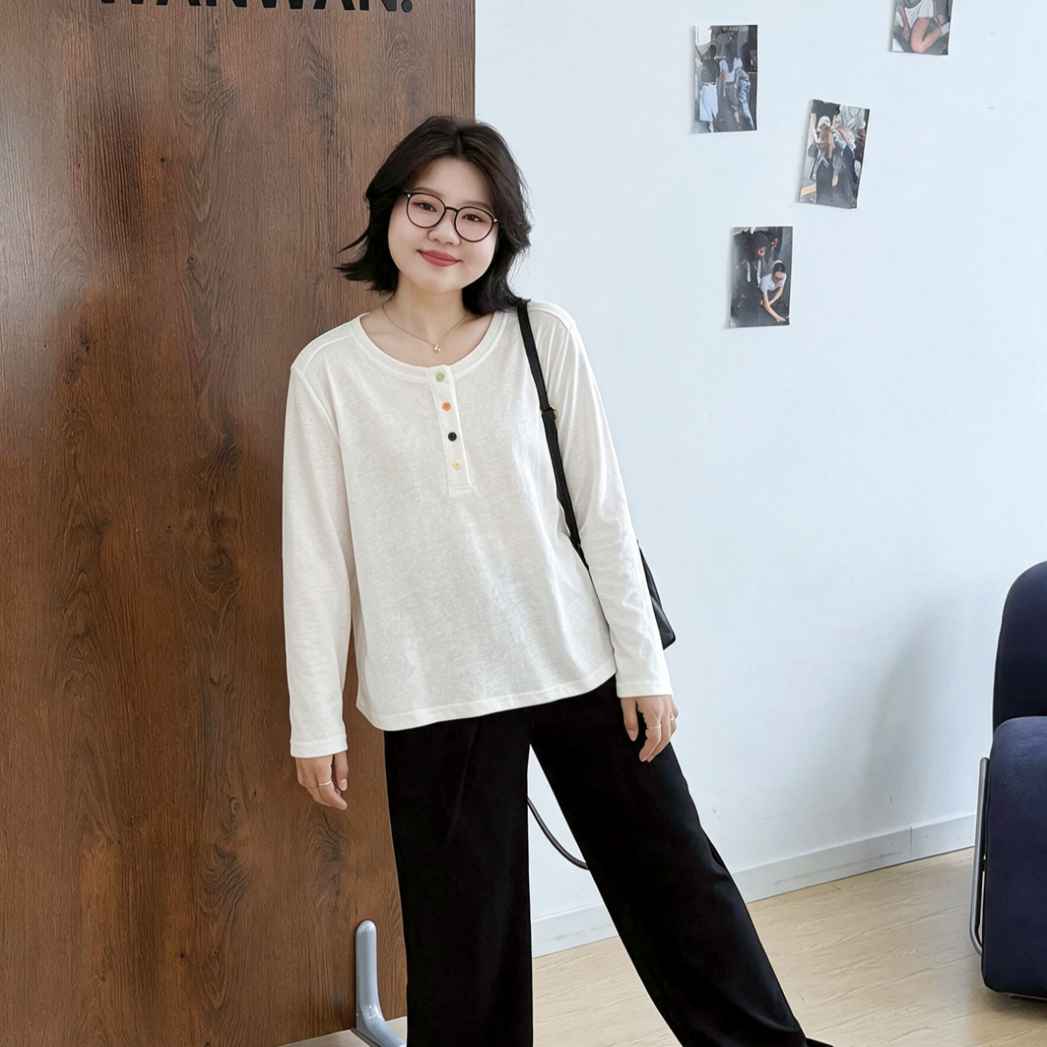 宛宛大码慵懒风亨利领长袖内搭T恤女秋季新款胖mm显瘦打底衫上衣