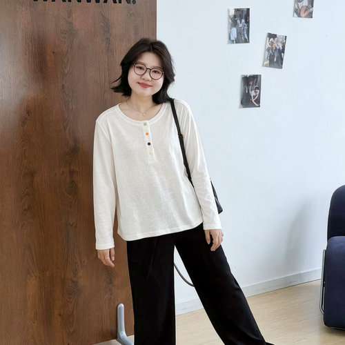 宛宛大码慵懒风亨利领长袖内搭T恤女秋季新款胖mm显瘦打底衫上衣