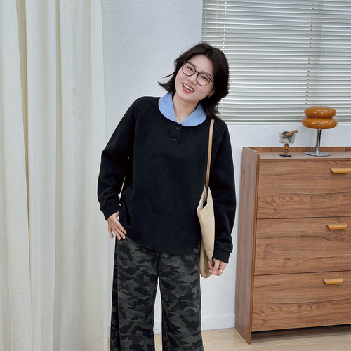 宛宛大码娃娃领宽松打底衫女装秋冬胖MM遮肉显瘦上衣正肩长袖t恤