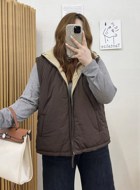 两面穿连帽休闲棉服马甲