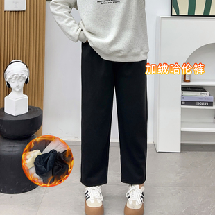 胖mm休闲显瘦加厚萝卜裤 女秋冬加绒锥形奶奶裤 黑色毛呢哈伦裤 大码